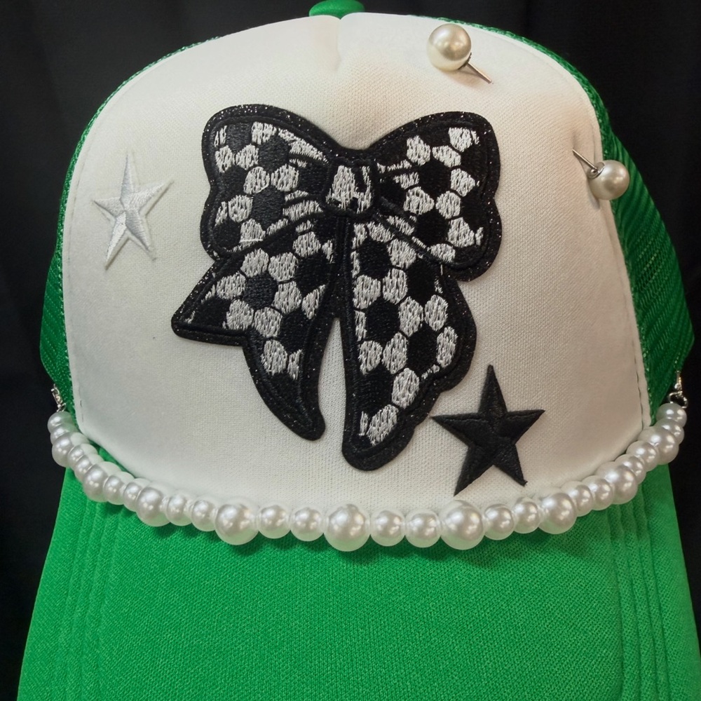 Green and White Bow soccer baddie trucker Hat
